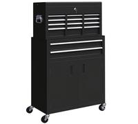 HOMCOM Carro de Herramientas con Baúl Superior 2 en 1 Carro de Taller Negro | 6 Cajones, Armario con Cerradura, 4 Ganchos, 2 Ruedas con Freno de Bloqueo, para Garaje, Hogar