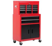 HOMCOM Carro de Herramientas con Baúl Superior, 2 en 1, Carro de Taller con 6 Cajones, Armario, Cerradura, 4 Ganchos, 2 Ruedas con Freno de Bloqueo, para Garaje, Hogar, Rojo