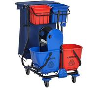 HOMCOM Carro de Limpieza con Bolsa de Basura Carro de Servicio con Doble Cubo de 18 litros Escurridor de Prensa 2 Cubetas Auxiliares 93x80x97 cm Rojo y Azul