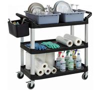 HOMCOM Carro de Limpieza con Ruedas, Carro de Servicio con 3 Estantes, 2 Contenedores y Cubo Lateral Colgante, Estructura de Aluminio, Carga 100 kg, 115x50x100 cm, Negro