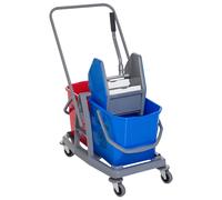 HOMCOM Carro de Limpieza Profesional Carro de Fregado de Metal con 2 Cubos de 25 litros Extraíbles Escurridor Prensa Manual y 4 Ruedas 73x45x92 cm Rojo y Azul