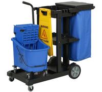HOMCOM Carro de limpieza rodante, carro con 3 estantes, bolsa de basura de 70 litros, cubo escurridor para mopa, azul