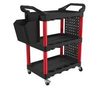 Homcom carro de taller de 3 niveles, carro de herramientas con paneles perforados, asa lateral, ganchos, cubeta, para garaje mecánico, hogar, negro y rojo