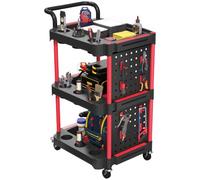 HOMCOM Carro Herramientas 3 Niveles con Panel y Ganchos, Negro/Rojo | Carro portaherramientas con ruedas y frenos, organizador móvil de alta resistencia para garaje, taller y almacén