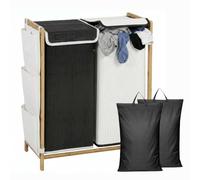 HOMCOM Cesto Ropa Sucia con Tapa 120L de Bambú con 2 Compartimentos Multicolor Blanco y Negro