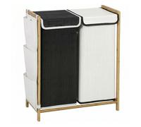 Homcom cesto de ropa sucia con tapa, 120l, cesta de ropa sucia de bambú con 2 compartimentos, bolsas extraíbles y lavables con cordón, bolsillos laterales, para lavandería, 63x33x78 cm, blanco y negro