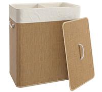 HOMCOM Cesto de Ropa Sucia de Bambú con 2 Compartimentos Asas para Facilitar el Uso y Bolsas Desmontables Lavables 52x32x63 cm