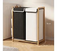 HOMCOM Cesto de Ropa Sucia con Tapa, 120L, 63x33x78 cm, Blanco y Negro | Cesta de Ropa Sucia de Bambú,2 Compartimentos,Bolsas Extraíbles y Lavables con Cordón,Bolsillos Laterales,para Lavandería