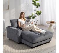 HOMCOM Chaise Longue Sofá Cama de 2 Plazas 114x147 cm con Función de Cama, Cordón Óptico, Reposabrazos Izquierdo/Derecho, Portavasos, Cojín Lumbar, para Sala de Estar/Dormitorio, Gris Oscuro