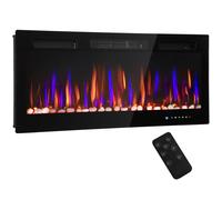 HOMCOM Chimenea Eléctrica Pared Empotrable Ultrafina con Llama 3D Brillo/Velocidad Ajustable y 12 Colores Guijarros 900/1800W