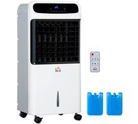 HOMCOM Climatizador Evaporativo Bajo Consumo 4 en 1 Depósito 12L Humidificador Climatizador Iones Negativos Control Remoto 3 Modos 3 Velocidades Temporizador 12 h Pantalla LED Táctil 38x35x81cm Blanco