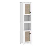 Homcom columna de baño con 2 puertas con frontal de ratán armario alto de baño boho con estantes ajustables y 2 compartimentos 40x30x167,5 cm blanco