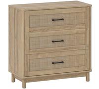 HOMCOM Cómoda 3 Cajones de Ratán, Mueble de Almacenamiento, Cajonera, Patas de Madera Maciza, Estilo Bohemio, 76x35x76cm, Roble