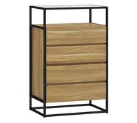 Homcom cómoda 4 cajones, con superficie de vidrio transparente y estante abierto, cómoda dormitorio, estructura de acero, cajonera para salón, oficina, 60x40x94,5 cm, teca