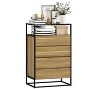 HOMCOM Cómoda 4 Cajones, con Superficie de Vidrio Transparente y Estante Abierto, Cómoda Dormitorio, Estructura de Acero, Cajonera para Salón, Oficina, 60x40x94,5 cm, Teca