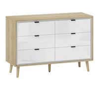 HOMCOM Cómoda 6 Cajones Cómoda Dormitorio con Patas de Madera Estilo Moderno 110x40x75 cm Blanco Brillo y Roble