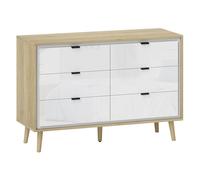 Homcom cómoda 6 cajones con frente de blanco brillo, cómoda dormitorio con patas de madera, cajonera para salón, oficina, estilo moderno, 110x40x75 cm, roble