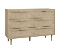 Homcom cómoda 6 cajones con frontal de ratán, cómoda dormitorio con patas de madera, cajonera para salón, oficina, estilo bohemio, 110x40x75 cm, roble 75 cm