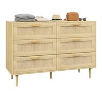 HOMCOM Cómoda 6 Cajones con Frontal de Ratán, Cómoda Dormitorio con Patas de Madera, Cajonera para Salón, Oficina, Estilo Bohemio, 110x40x75 cm, Roble