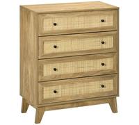 HOMCOM Cómoda con 4 Cajones Cómoda Dormitorio Estrecha con Frontales de Ratán y Patas Elevadas Cajonera para Salón Oficina 80x35x95 cm Natural