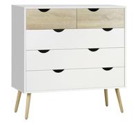 Homcom cómoda con 5 cajones, cómoda dormitorio con patas elevadas de madera, cajonera para salón, oficina, estilo nórdico, 99x39x101 cm, blanco y roble