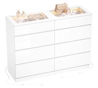HOMCOM Cómoda con Joyero Luces LED RGB 8 Cajones 120x40x80 cm Blanco Brillo | Cajonera Dormitorio, Encimera de Vidrio Templado, Control por App, Sinfonier para Salón, Vestidor