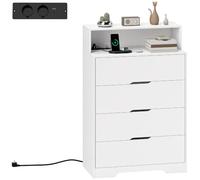 HOMCOM Cómoda de 4 Cajones con Estación de Carga, 80x40x120 cm, Blanco | Sinfonier Dormitorio Alto, Puerto USB, Puerto USB-C, Estante Abierto