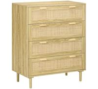 HOMCOM Cómoda de 4 cajones con frente tejido en ratán de estilo bohemio dim. 90W x 45D x 108.5H cm Acabado en madera clara