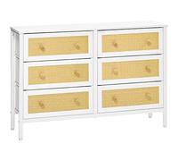 HOMCOM Cómoda de Dormitorio Cajonera de Estilo Bohemio con 6 Cajones de Tela Plegable Superficie de Ratán PE y Marco de Acero para Entrada Salón Pasillo 120x30x83 cm Blanco