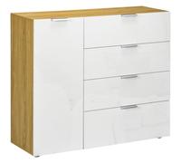 HOMCOM Cómoda de Dormitorio con 4 Cajones 105x35x92 cm Blanco y Natural | Aparador de Salón, Puerta de Alto Brillo, Estantes Ajustables, para Comedor