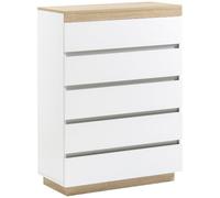 HOMCOM Cómoda de madera con 5 cajones, 80x40x109 cm, Blanco y roble | Cómoda de dormitorio con dispositivo antivuelco