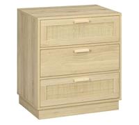 Homcom cómoda de noche con 3 cajones de rejilla de ratán cajonera de madera para dormitorio salón estilo bohemio 60x38x69 cm natural