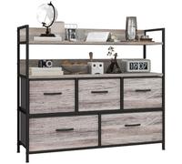 HOMCOM Cómoda de Tela 5 cajones, Efecto Madera Gris | Dormitorio, unidad de almacenamiento, estante abierto, marco de metal, sala de estar, entrada
