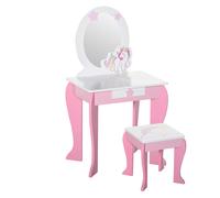 HOMCOM Cómoda Infantil Diseño Unicornio - Taburete Incluido - 49x34x90 cm - cajón, Espejo - MDF - Rosa Blanco Aosom España