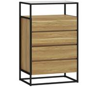 HOMCOM Cómoda Madera con 4 Cajones 60x40x94,5 cm Superficie de Vidrio Templado Estante Abierto Estructura de Acero Teca Aosom España