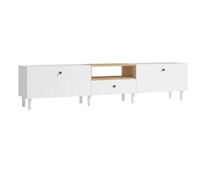HOMCOM Cómoda TV de 200 cm para televisores hasta 228,6 cm, 2 compartimentos abatibles, hueco abierto, cajón, 8 patas, tablero aglomerado, blanco Aosom España