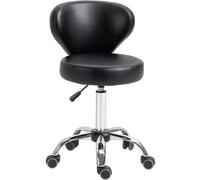 HOMCOM Taburete con ruedas taburete de masaje - taburete de trabajo giratorio 360° - asiento ajustable 49-64Al cm, respaldo ergonómico - metal cromado revestimiento sintético negro