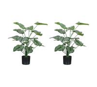 HOMCOM Conjunto de 2 Plantas Artificiales Decorativas 65 cm Plantas Artificiales con Maceta y Hojas para Interior Hogar Salón Oficina Verde