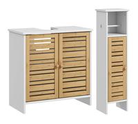Homcom conjunto de baño incluye 1 mueble bajo lavabo 1 columna de baño estrecha con puertas de bambú portarrollos de papel y estantes ajustables blanco y natural 78 cm