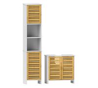 Homcom conjunto de baño incluye 1 mueble bajo lavabo 1 columna de baño estrecha con puertas de bambú y estantes ajustables blanco y natural 170 cm