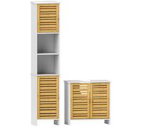 Homcom conjunto de baño incluye 1 mueble bajo lavabo 1 columna de baño estrecha con puertas de bambú y estantes ajustables blanco y natural 170 cm
