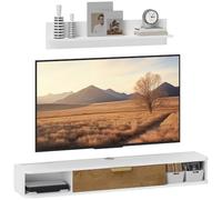 HOMCOM Conjunto de Muebles de Salón con Puerta 120x24x16 cm Blanco | Muebles de TV, Estante de Pared, Estantes Abiertos, Orificios para Cables, para Televisión de Pared