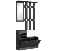 HOMCOM Conjunto de Recibidor de Entrada con Espejo Perchero y Zapatero Muebles de Recibidor de 2 Piezas con 6 Ganchos Negro