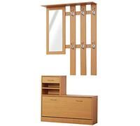 HOMCOM Recibidor de Entrada con Espejo Perchero y Zapatero Mueble de Recibidor de 2 Piezas con 6 Ganchos Estantes y Cajón Abatible para Pasillo Madera Marrón