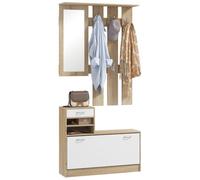 HOMCOM Recibidor de Entrada con Espejo Perchero y Zapatero Mueble de Recibidor de 2 Piezas con 6 Ganchos Estantes y Cajón Abatible para Pasillo Natural