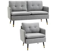HOMCOM Conjunto de Sofá Incluye Sofá de 2 Plazas y Butaca de Salón Gris | 1 Butaca de Salón, Reposabrazos, Asiento Acolchado, Patas de Acero, Dormitorio, Oficina
