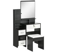 HOMCOM Conjunto de tocador mesa de maquillaje con taburete acolchado gran espejo + varios estantes abiertos + 4 cajones Blanco Negro Aosom España