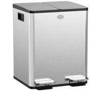 HOMCOM Contenedor de basura doble para cocina, 2 x 20L, cubo de basura con pedal de acero inoxidable, 2 tapas de cierre suave, cubos interiores extraíbles y asas antihuellas, 36x cm