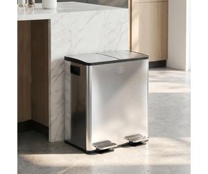 HOMCOM Cubo de basura 2 x 20L de acero inoxidable con separador de residuos, tapa de cierre suave, compartimentos desodorantes interiores extraíbles, para apartamento, color plateado