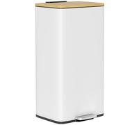 HOMCOM Cubo de Basura Cocina con Pedal, 20L, Tapa de Bambú de Cierre Suave, Papelera de Cocina con Cubo Interior Extraíble, Anti-Huellas, para Dormitorio, Salón, 29,5x29,5x56,8 cm, Blanco y Natural Wh